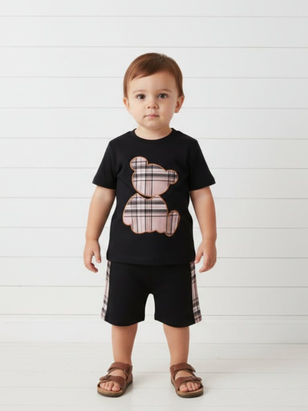 Boy's Black Plaid Bear Short Set,NWT